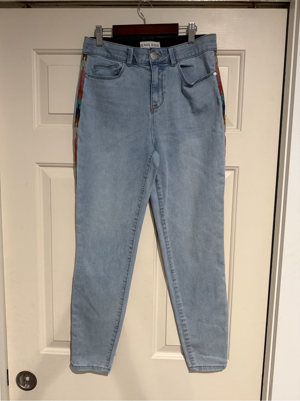 Knox Rose Light Blue Skinny Jeans with Multicolor Side Trim elastic waistband